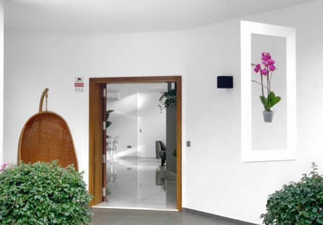 modern-entryway-wooden-door-orchid-flower